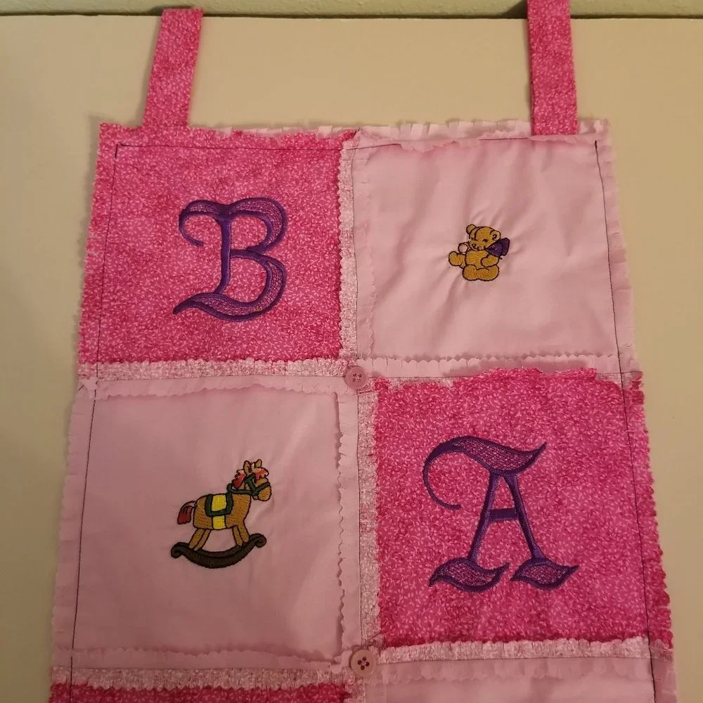 Homemade Pink Purple Quilted Wall Hanging Baby‎ Girl Embroidered Decor Nursery
